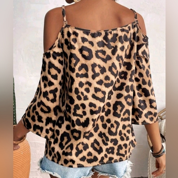 Women's Loose Open Shoulder Leopard Print Casual Shirt, Summer - Picture 2 of 4